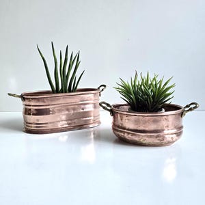 2 succulent flowerpots kettle shape solid copper & brass handles