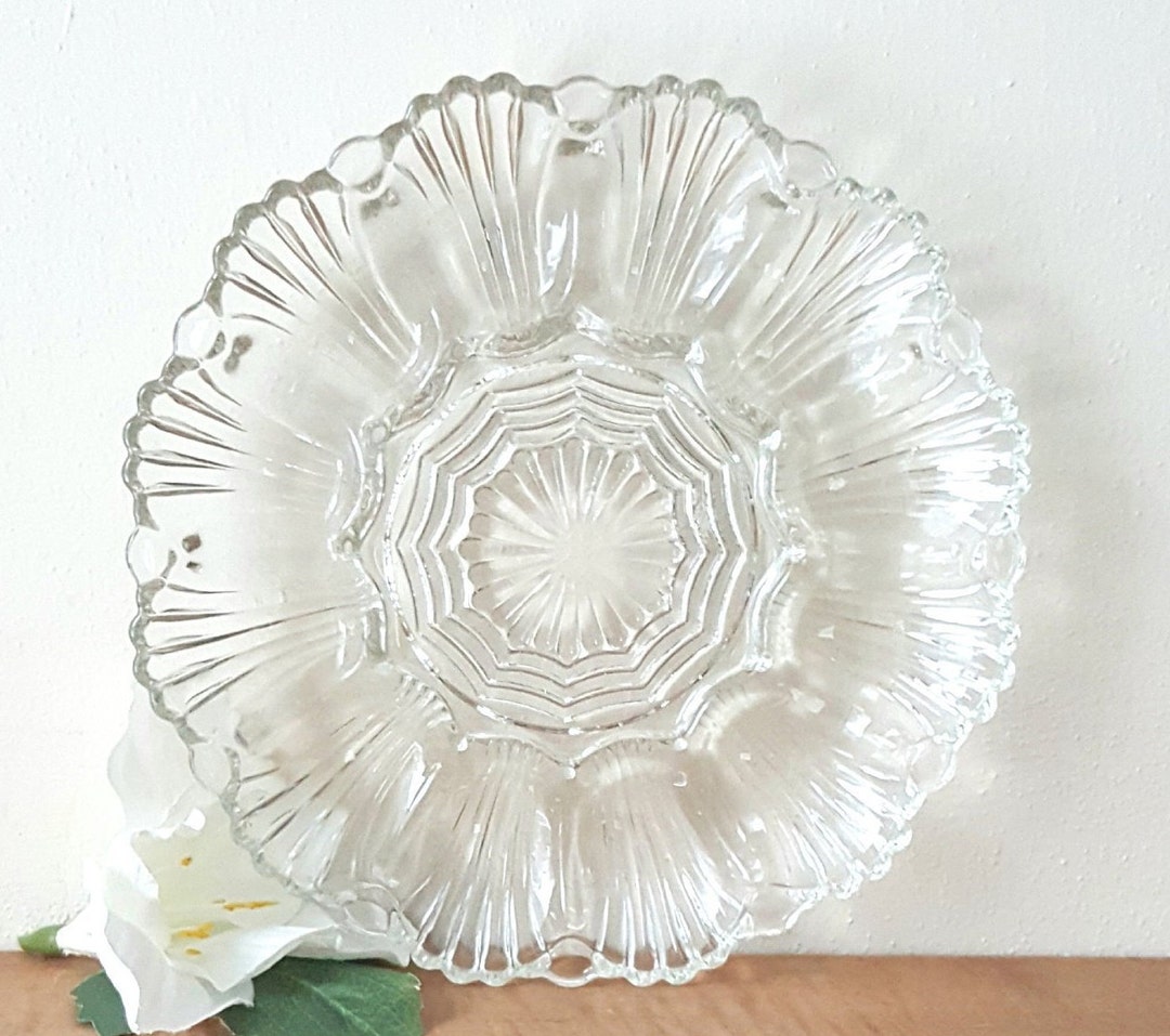 Vintage Egg Plate, Glass Egg Platter, Fan Wave Pattern Deviled Egg