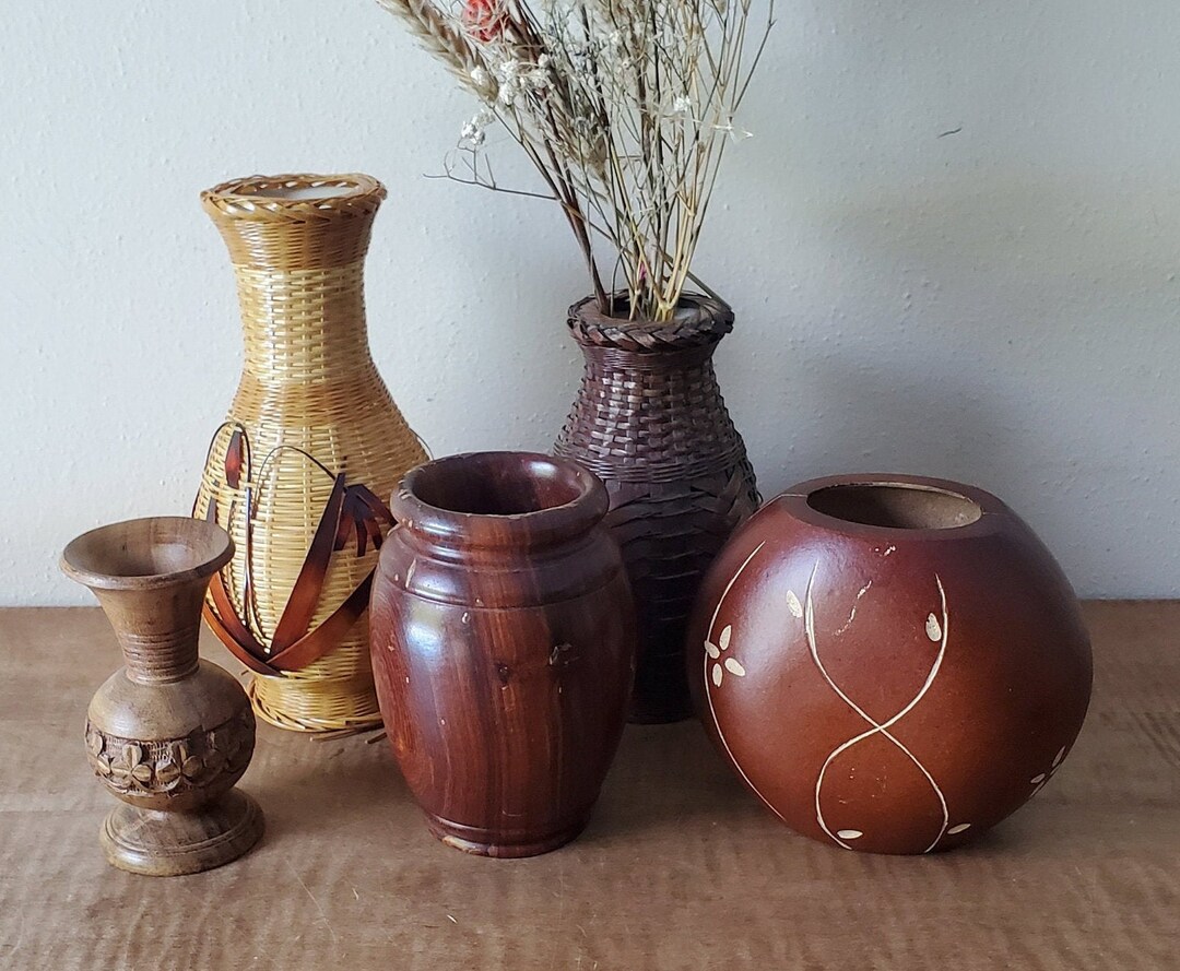Vintage Natural Material Vases Mismatched Vases Wicker Etsy