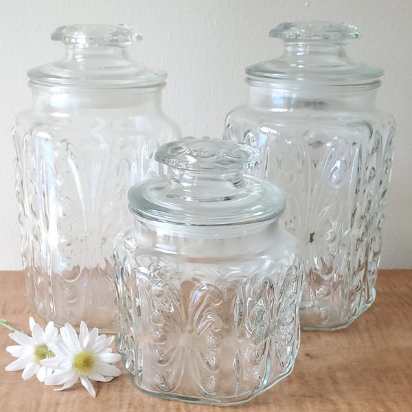 Vintage LE SMith Big Show Off Canisters or called Atterbury Scroll Canisters Clear Glass Jars