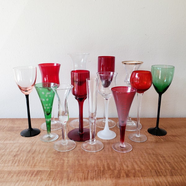 Vintage Mixed Color Glassware, Shot Glasses, Long Stemmed Shot Glasses, Cordial Glasses, Liquor Glasses