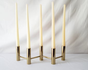 Mid Century Modern Brass Candelabra, 5 Candle Candelabra, Tubular Minimalist Design