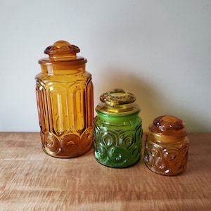 Vintage Glass Canister Set LE Smith Moon & Stars Gold Green Mix