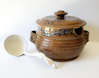 Vintage Stoneware Soup Tureen with Lid & Ladle - Golden Brown Speckled Glaze