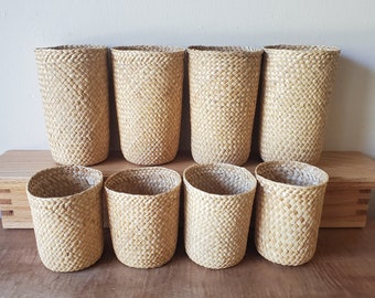 Vintage Wicker Cozies Drink Koozies Set of 8 Rattan Drink Holders, 4 Tumbler/Beer Bottle and 4 Barware/Can Sizes