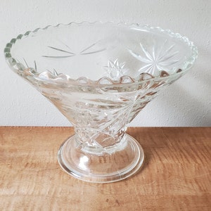May include: A clear glass bowl with a starburst pattern. The bowl has a scalloped edge and sits on a pedestal base.