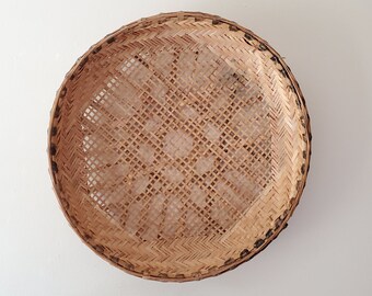 Vintage Winnowing Basket, Large Flat Bamboo Basket, 23" Diameter Basket