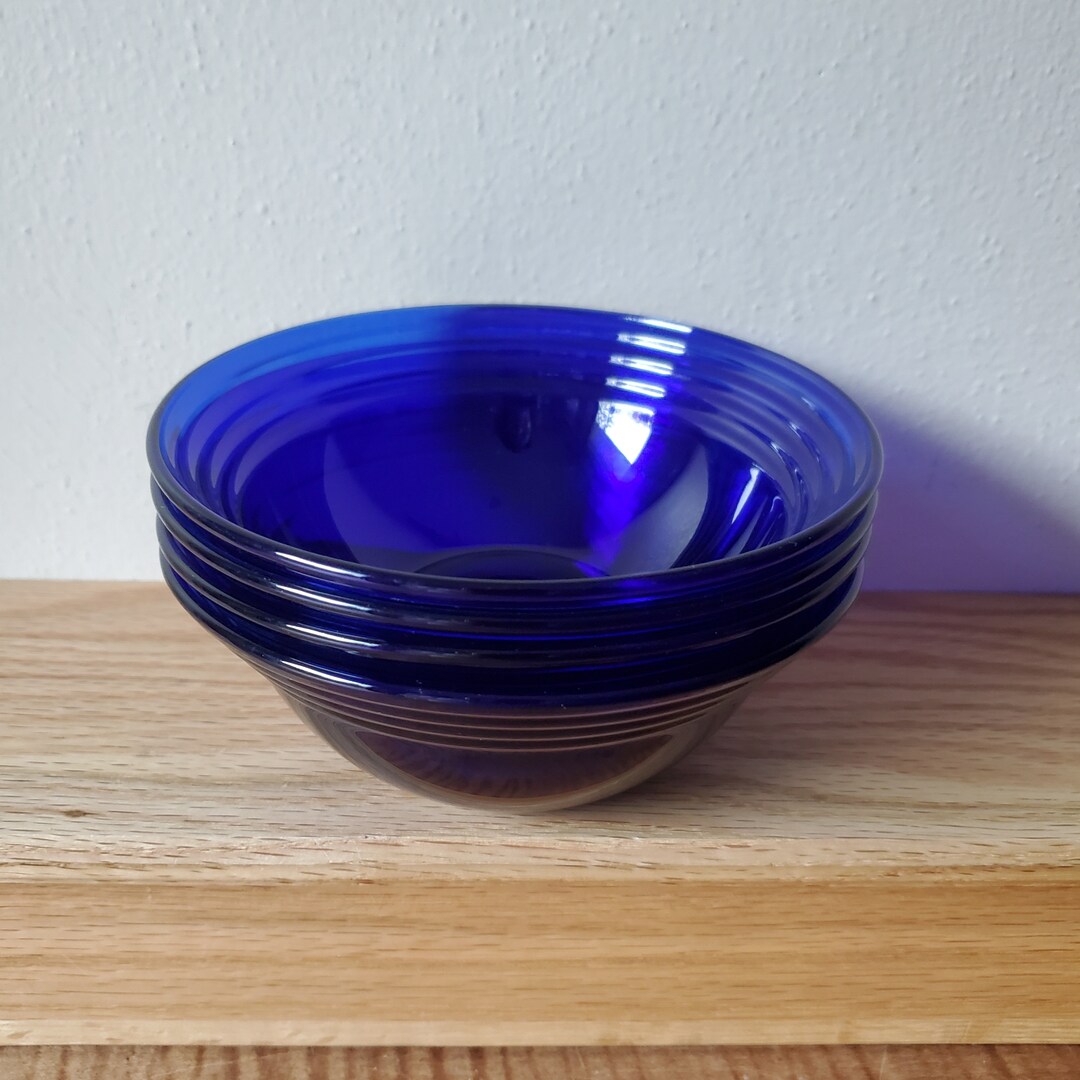 Vintage Blue Glass Cereal Bowls, 4 Clear Cobalt Blue Forum Saphir