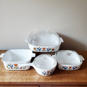 Vintage Corning Ware Country Festival 4 Casseroles + 3 Pyrex Lids