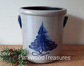 Vintage Christmas Rowe Pottery Works 8 1 2 quot Salt Glaze with Blue Christmas Tree Design Crock