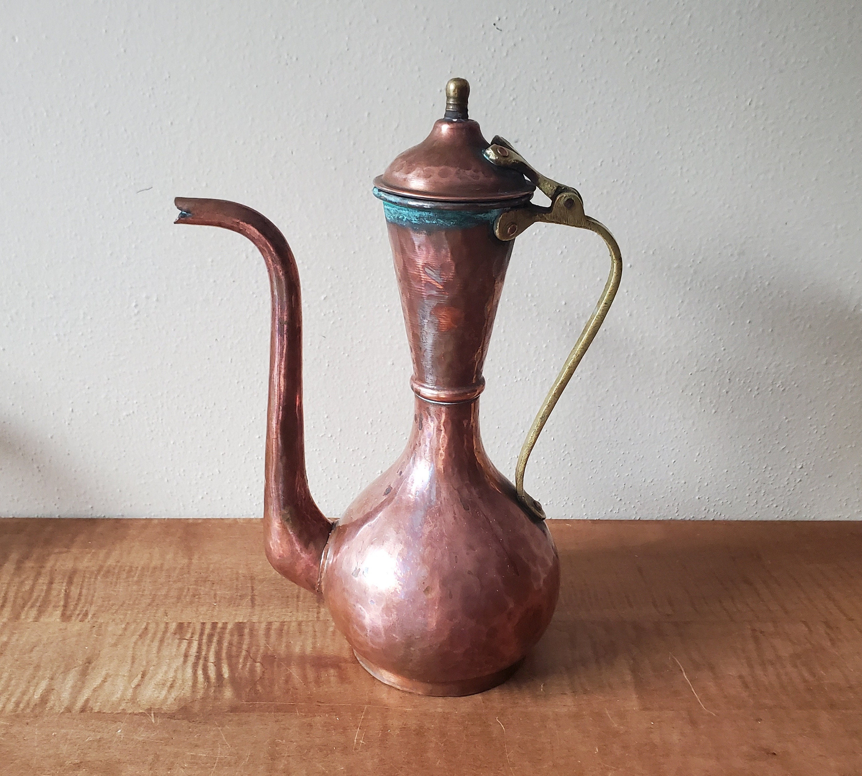 Antique Copper Turkish Coffee Maker with Wooden Handle, Creamer