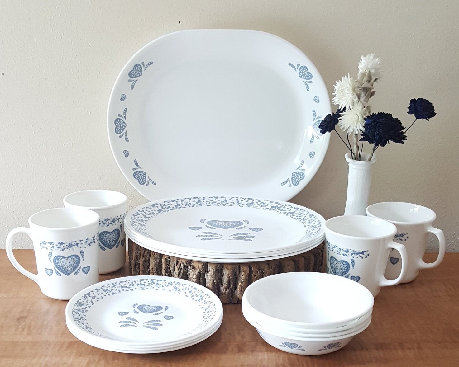 Vintage Corelle Blue Hearts Dinnerware 17 Piece Set for 4 Etsy