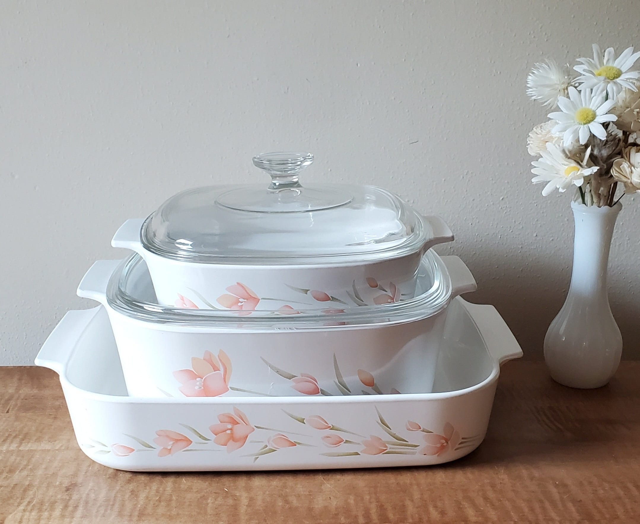 Vintage Corning Ware Peach Floral Casseroles Pyrex Lids