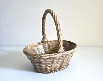 Vintage Woven Ceramic Basket: Handmade Faux Wicker Pottery 1983