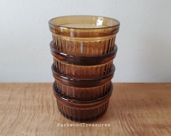 4  Amber Glass Ramekins Anchor Hocking Ribbed Custard Bowls