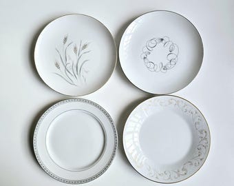 4 Mismatched White China Dinner Plates: Mid-Century Japan
