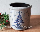 Vintage Christmas Rowe Pottery Works 4 1 2 quot Salt Glaze with Blue Pine Cone Design Crock