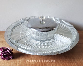 Vintage Lazy Susan Appetizer Serving Tray Chrome Divided Tray by Kromex and Indiana Glass