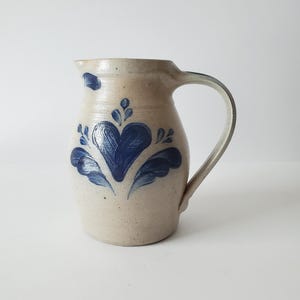 6" vintage Rowe Pottery salt glaze milk pitcher blue heart design