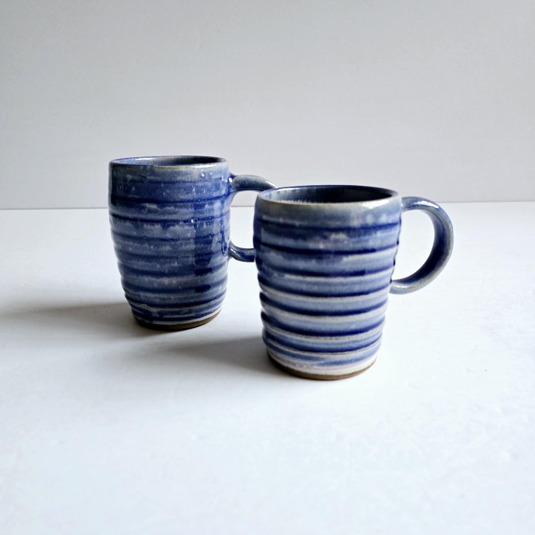 2 vintage handmade stoneware mugs: studio pottery-blue
