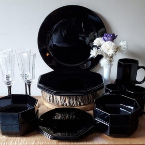 Octime Black dinnerware 21 Piece vintage Arcoroc black dish set for 4 guests