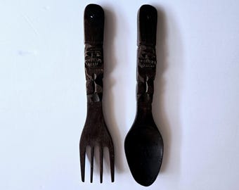 large wooden spoon and fork 12" vintage carved wood utensils for wall decor