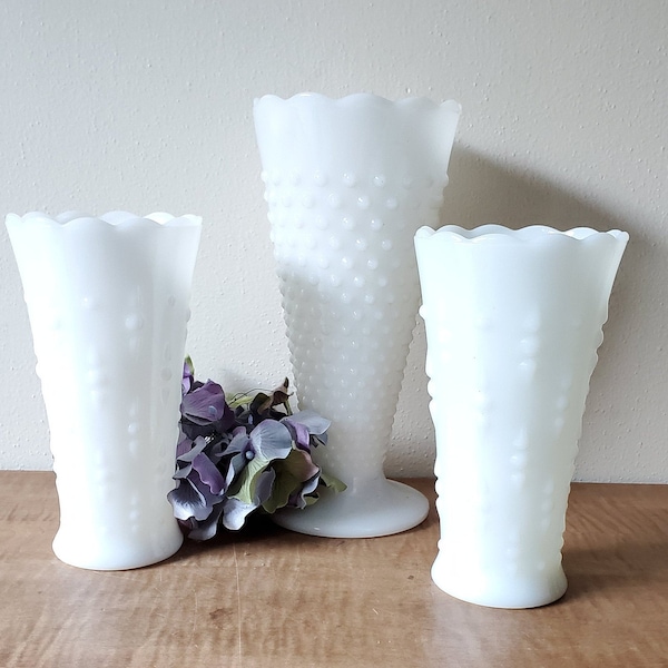 Vintage 3 Hobnail Vases Large Wedding Milk Glass Vases