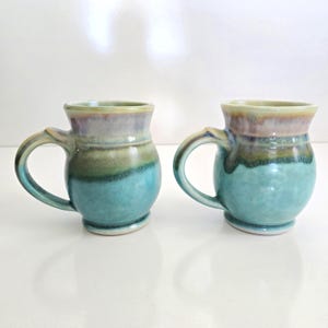 stoneware mug set of 2 vintage handmade jewel blue and sage green studio pottery mugs