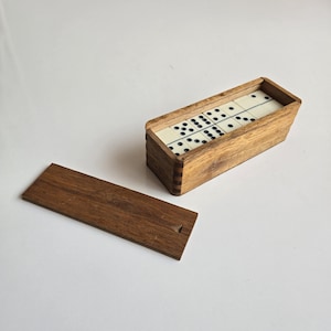 domino set in wooden box vintage complete set of 28 Bakelite dominoes in sliding lid box made in Japan