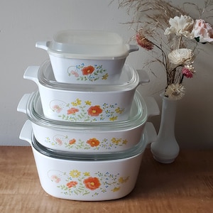 Vintage Corning Ware Wildflower 4 Casseroles + 4 Lids AKA Spring Bouquet Corning Ware Casserole Dishes