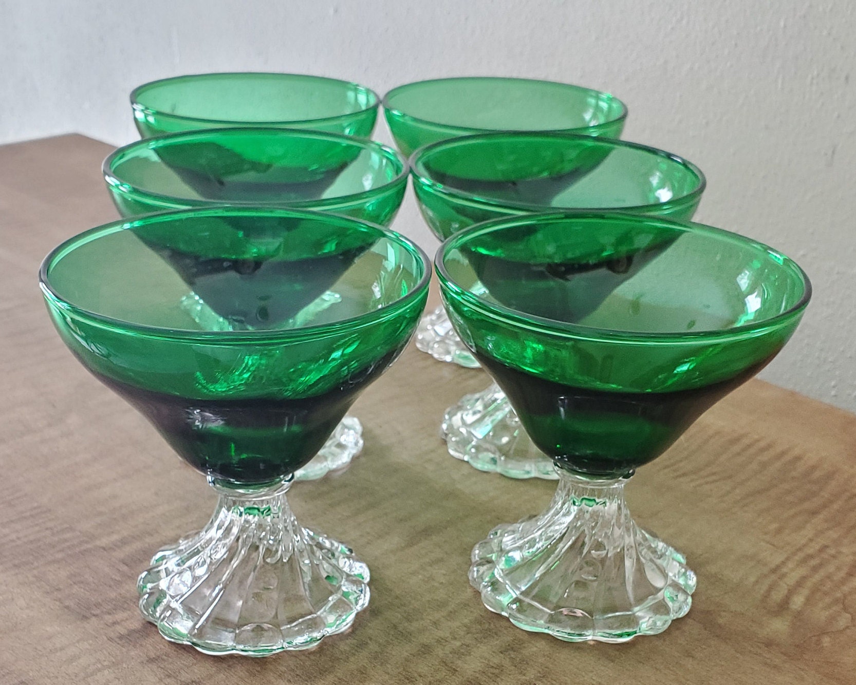 Mid Century Modern Green Faceted Indiana Glass Drinking Glasses - Set of 8
