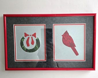 Corona de cardenales vintage, bordado a punto de cruz, muestrario navideño enmarcado, paspartú de cristal, 13x8