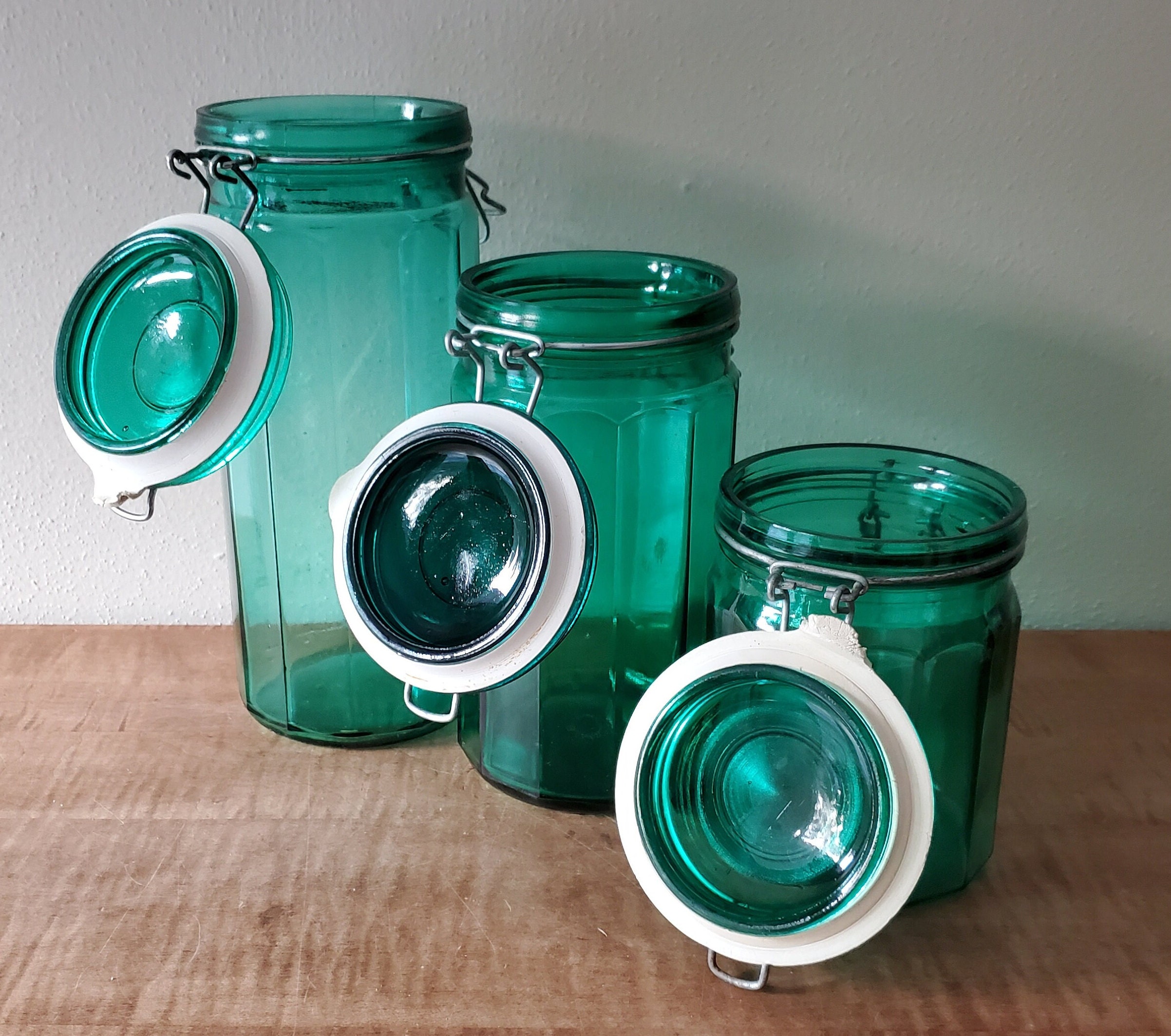 Vintage Green Glass Canisters Teal Aqua Canister Jars With Etsy