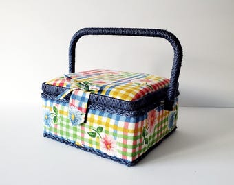 Vintage Sewing Basket with Tray,  Small Blue Flower Gingham Handled Box
