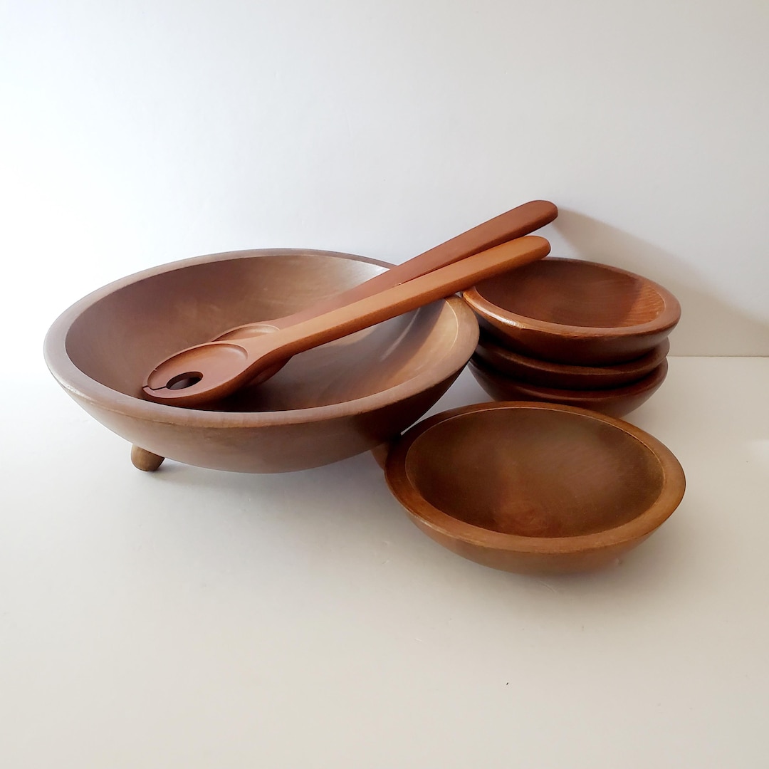 Wooden Salad Bowl 7 Piece Set Vintage Mid-century Salad Bowls ...