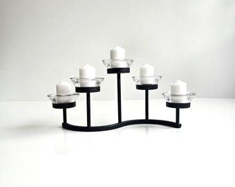 Vintage Fireplace Insert 5 Arm Votive Candelabra Black Metal Wave Glass Cups