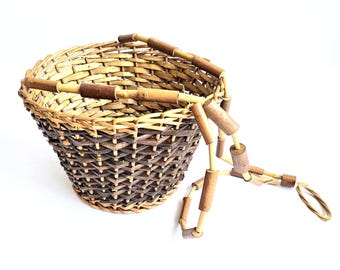Vintage Wicker Hanging Flowerpot Basket: wood base- fits up to 10" pot