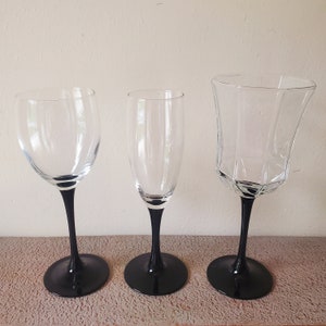 Vintage Black Stem Wine Glasses Luminarc Cristal D'Arques-Durand Set of 12 Three Sizes as Pictured and Described in Listing image 2