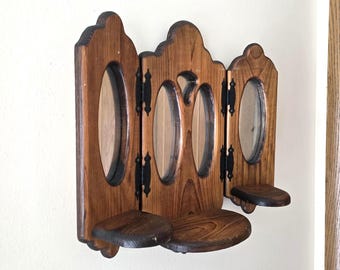 Pine Trifold Wall Mirror with Shelves & Sconces