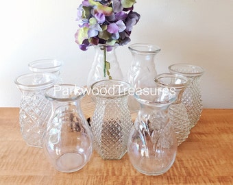 Vintage Vases, Glass Vases, Clear Glass Pineapple Vase Set, Wedding Decor Centerpiece Vases, Lot of 9