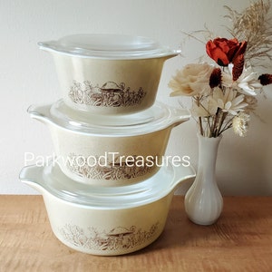 Vintage Pyrex Forest Fancies Casserole set of 3 + Lids