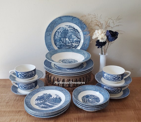 Vintage Currier Ives Blue Dinnerware Set 21 Piece Set for 4 Etsy