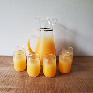 Vintage West Virginia Blendo Orange Fade Pitcher + 6 Orange Fade Juice Glasses West Virginia Glass Co