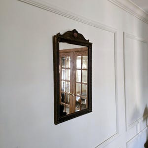 antique ornate carved wood framed mirror 14" x 25" vintage Victorian style wall hanging mirror, Nurre Glass Co