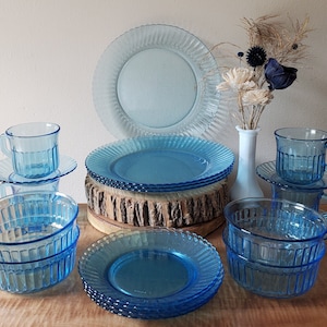 Vintage Ice Blue Glass Dinnerware,Fortecrisa,  Azure Blue Dishes, Forte Crisa Mexico 20 Piece Set for 4