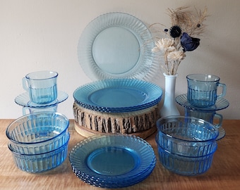 Vajilla vintage de cristal azul hielo, Fortecrisa, platos azul celeste