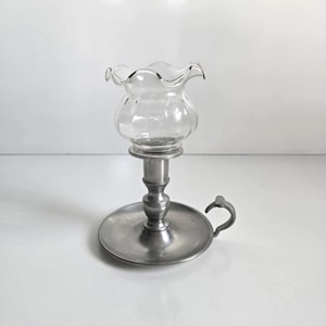 pewter chamberstick vintage finger loop chamberstick with glass votive candle holder