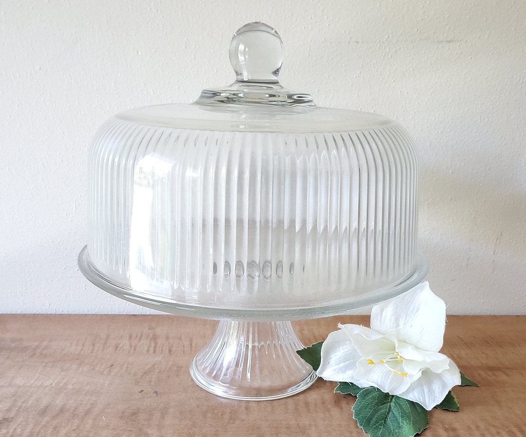 Vintage Pedestal Glass Cake Stand With Dome Holds 10 Etsy