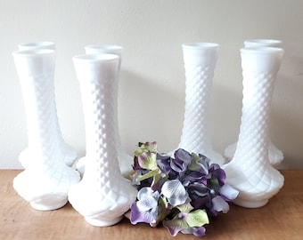 Vintage Milk Glass Vases, Mid-Century Randall White Glass Vases, Wedding Vases, White Bud Vases, Hobnail Vases