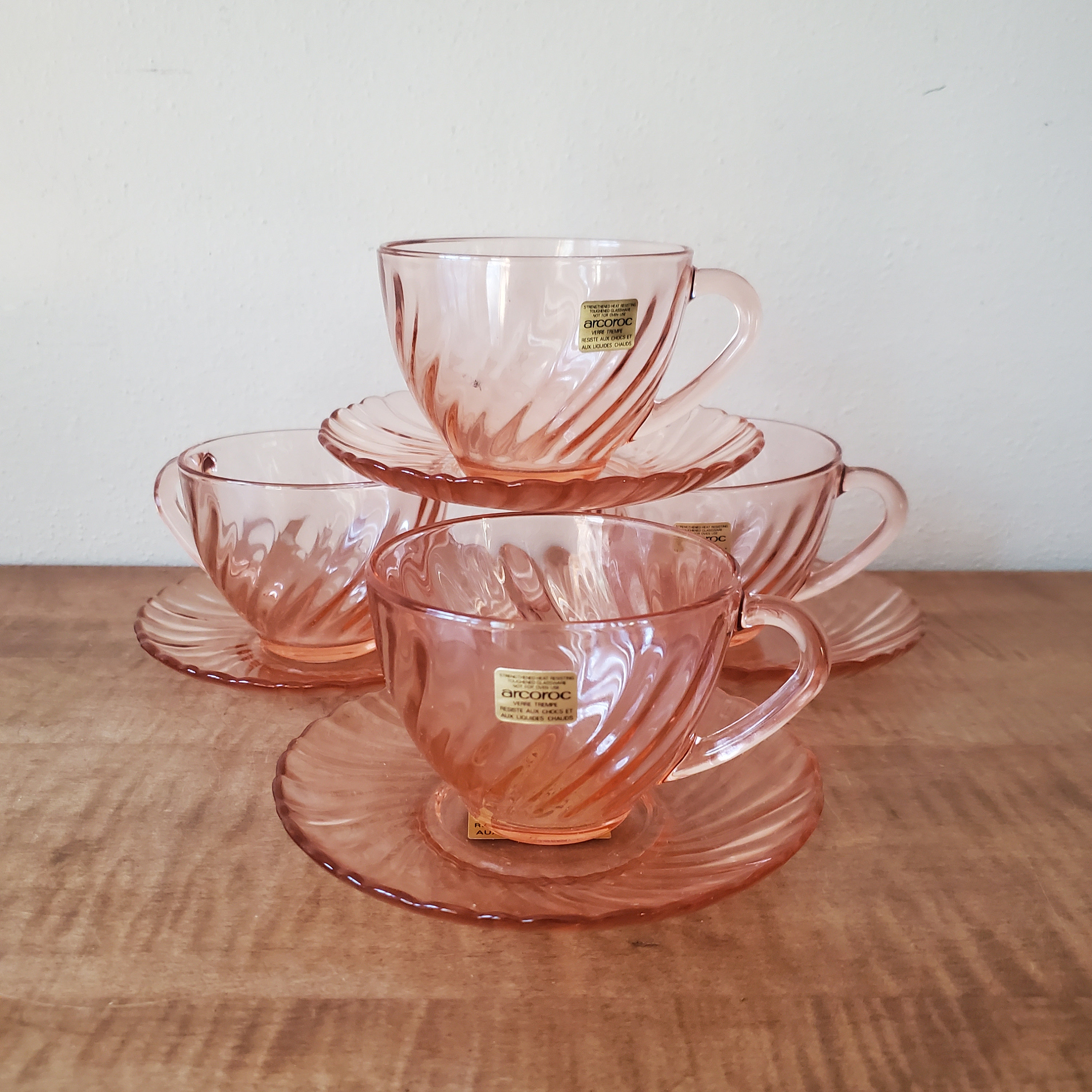 Vintage Arcoroc Rosaline Pink Swirl Dinnerware Set - 16 Piece NIB